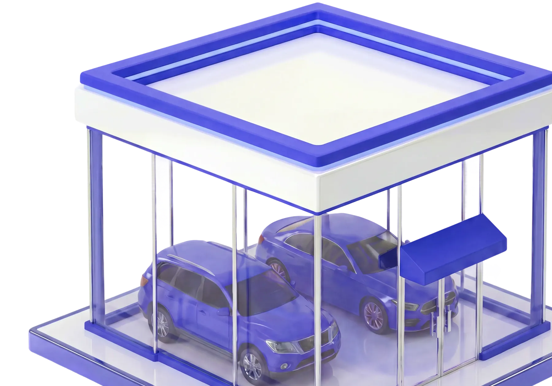 3D-визуализация автосалона: два автомобиля в стеклянном шоуруме